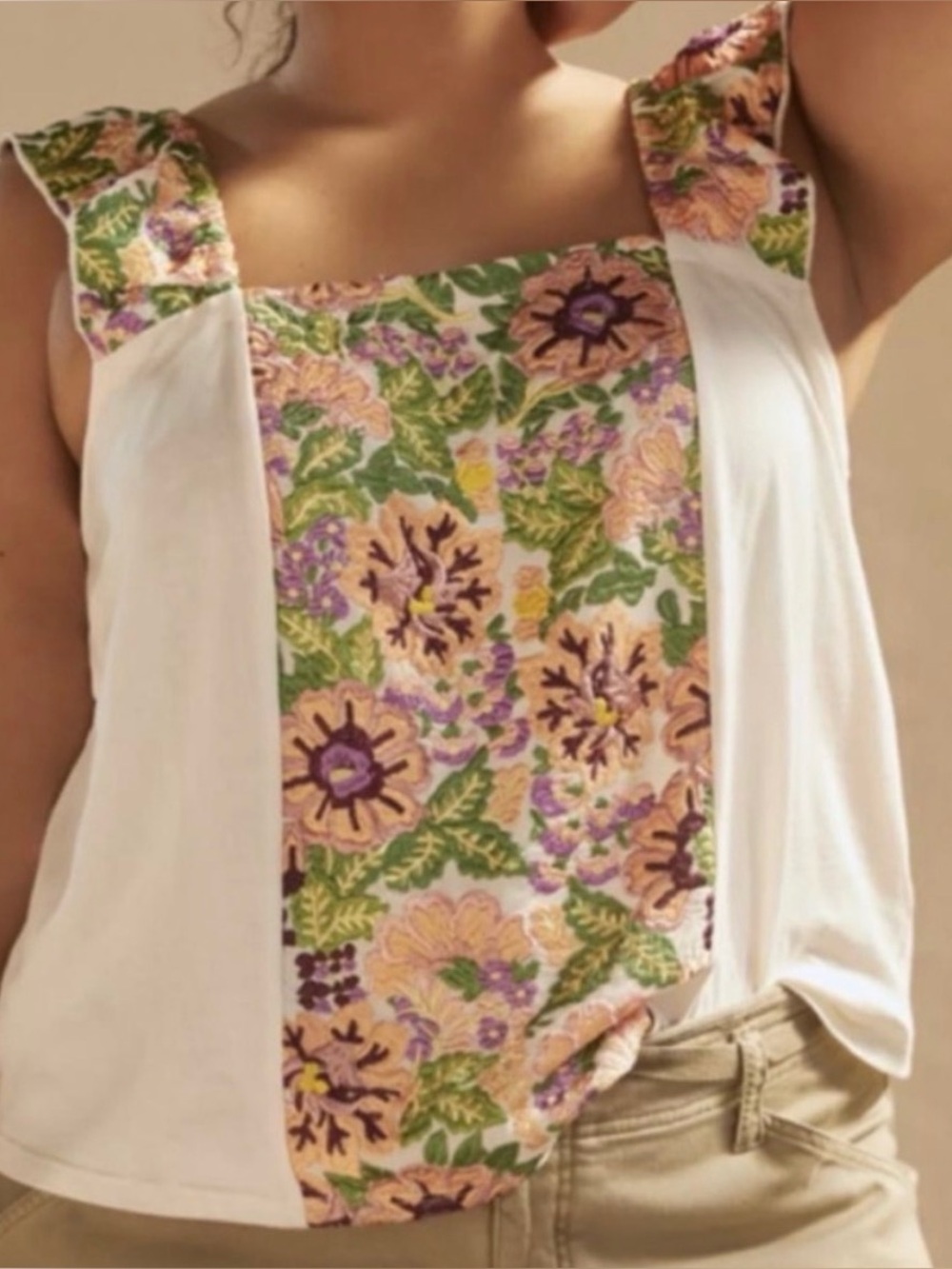 Anthropologie - TINY - Floral Panel Cream Tank Top with Embroidered Front